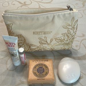 Makeup case with travel size lotions, chapstick, and soap. All items are new.